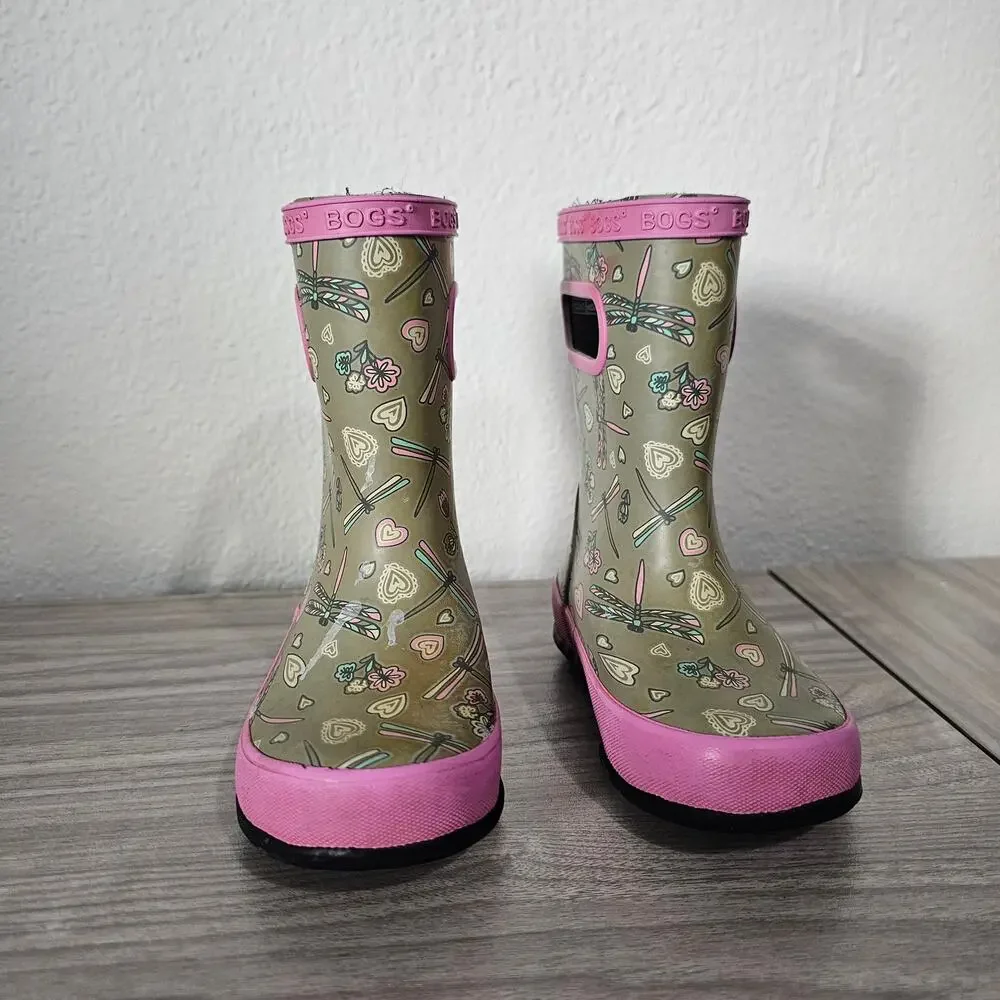 Bogs Skipper Rain Boots Gray Pink Dragonfly Little Kids US 8 Outdoor Waterproof